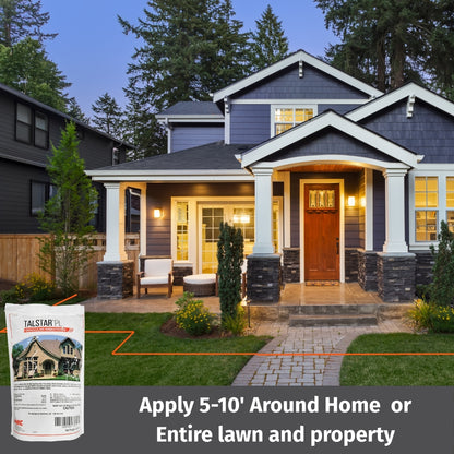 House exterior with Talstar Pro product packaging displayed, indicating application around home or property.