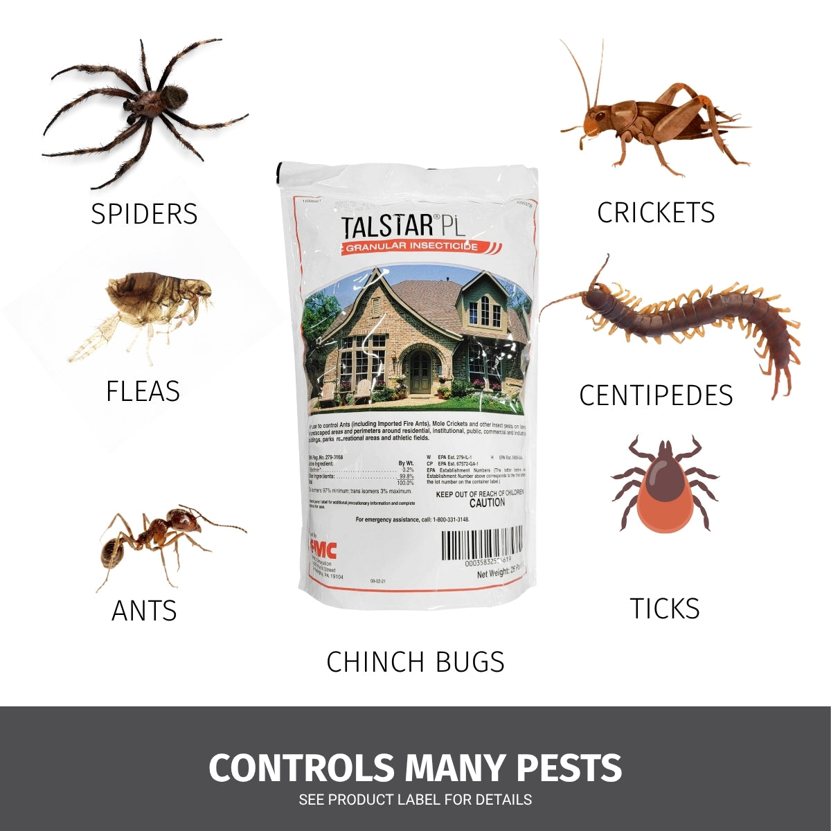 Talstar PL pest control product with illustrations of pests on a white background