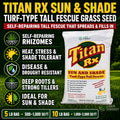 Promotional image of Titan Rx Sun & Shade turf-type tall fescue grass seed with product details.