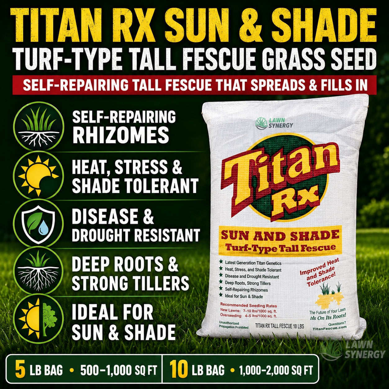 Promotional image of Titan Rx Sun & Shade turf-type tall fescue grass seed with product details.