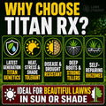 Promotional graphic for Titan RX lawn product with features listed.